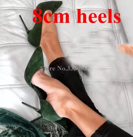 Elegant Dark Green Suede Pointed Toe Stiletto Pumps for Women