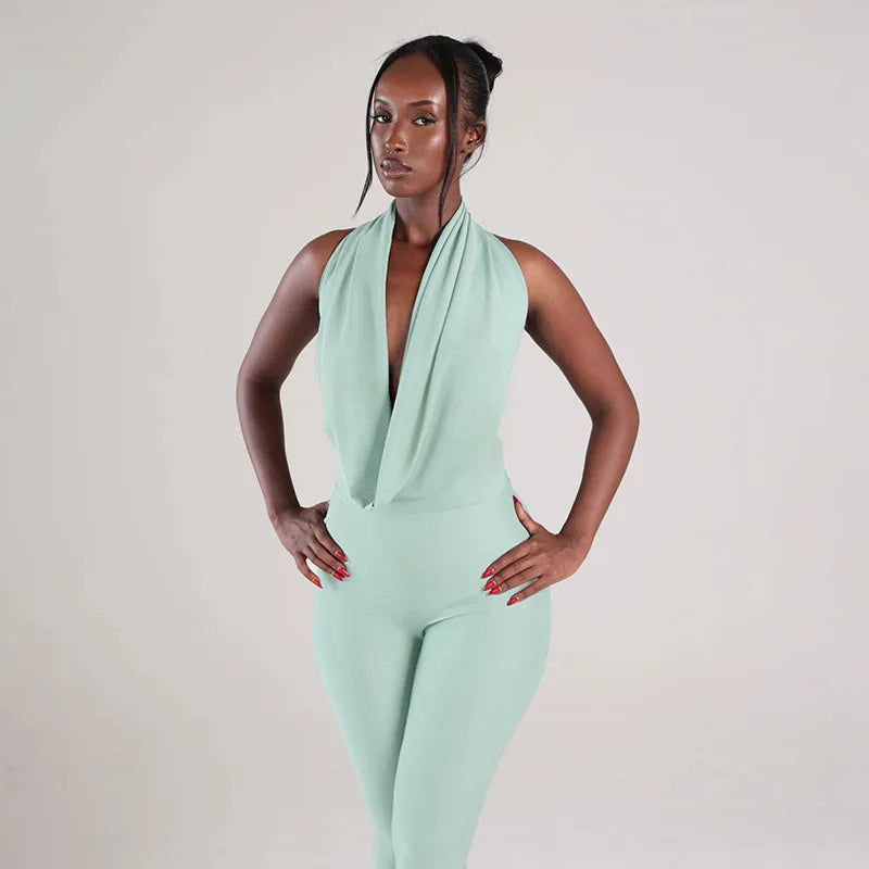 Ruched Halter Neck Lace-Up Capri Jumpsuit for Women