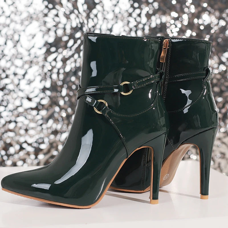 Glossy Patent Leather Pointed Toe Stiletto Ankle Boots for Women