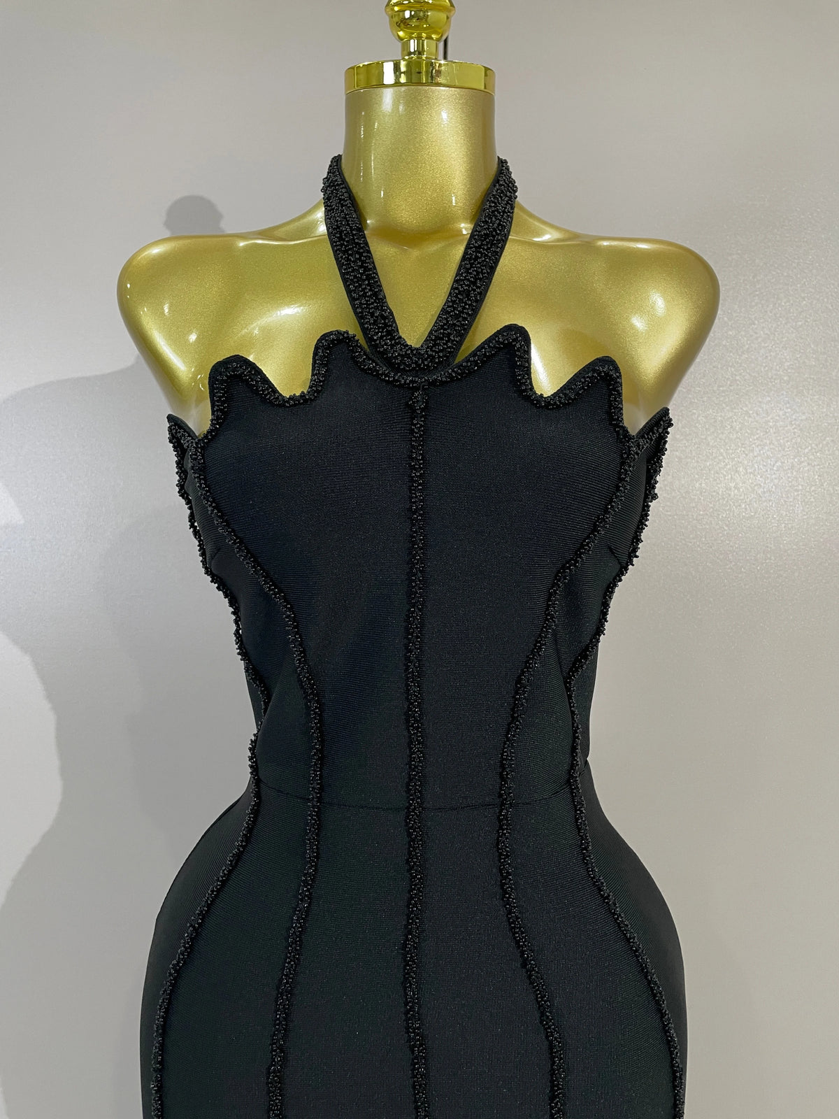 Sexy Beaded Scalloped Halter Black Bodycon Long Bandage Dress Women Elegant Birthday Wedding Guest Celebrate Evening Club Gown