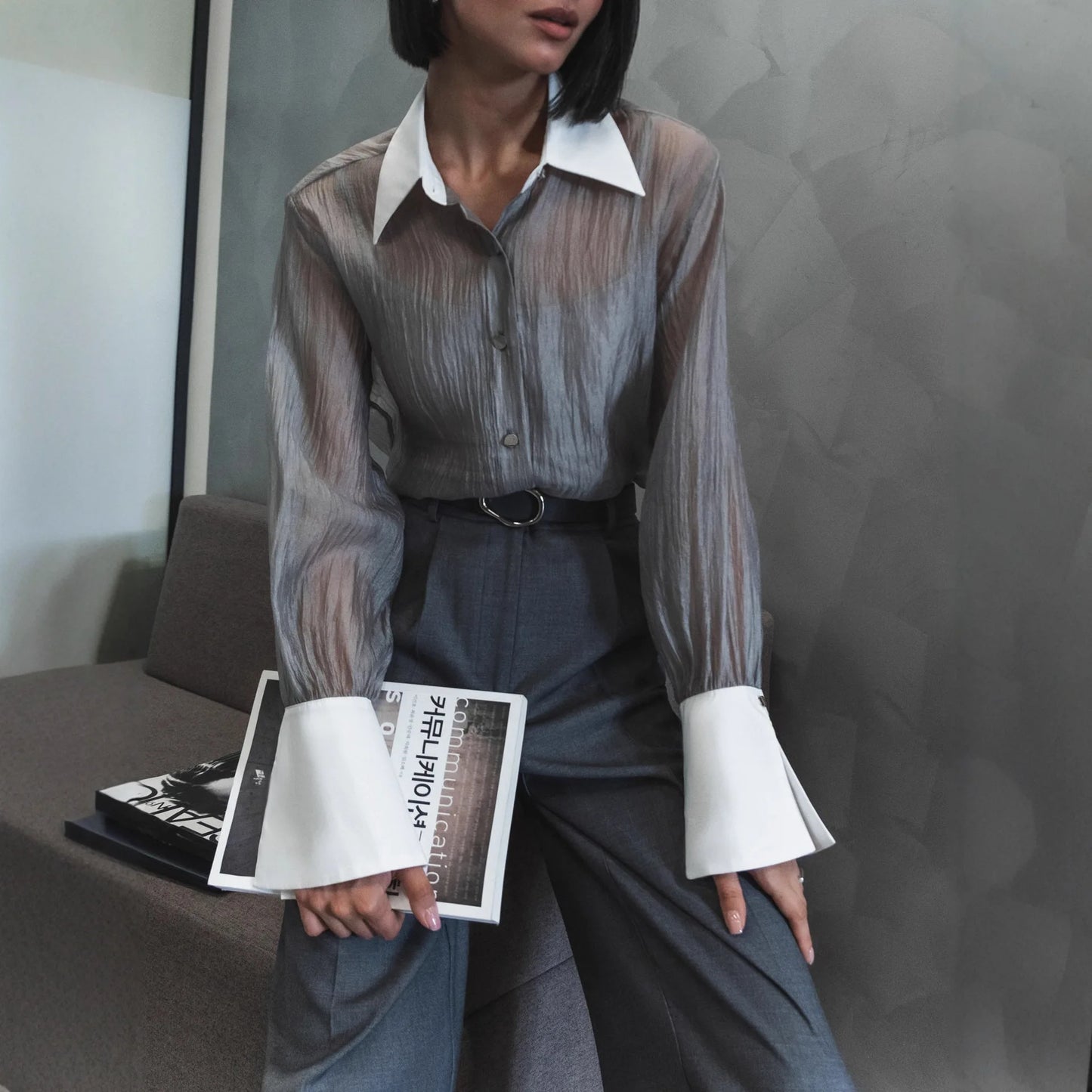 Summer Elegant Spliced See Through Mesh Blouse for Women