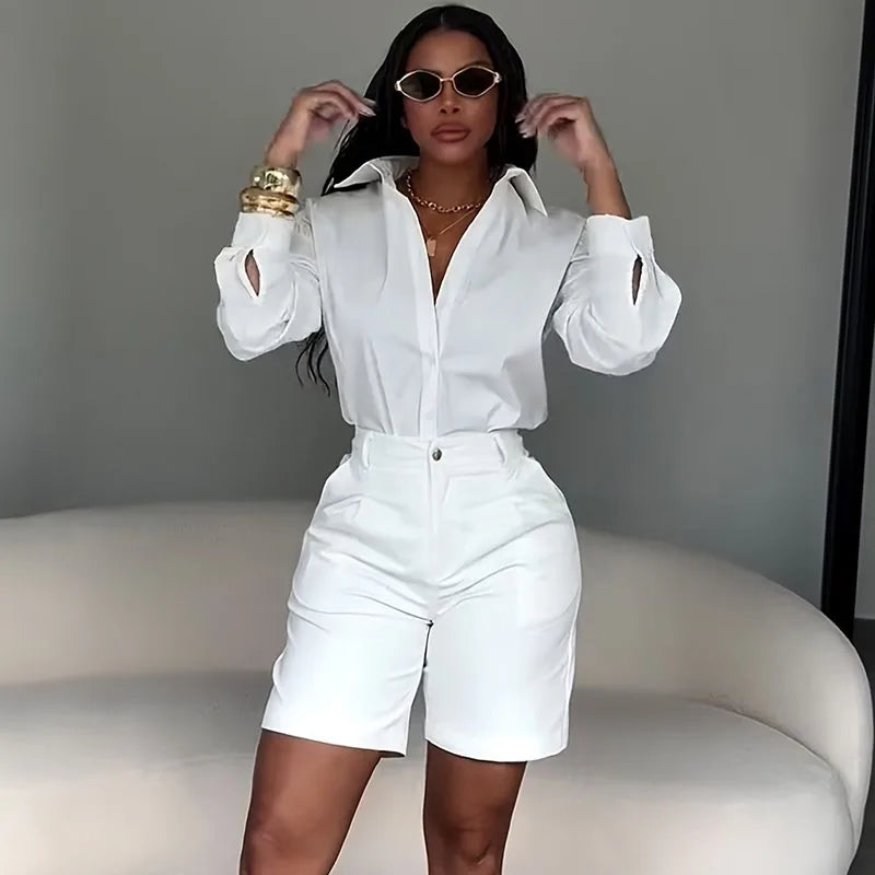 Solid Elegant Casual Long Sleeve Top and Shorts Two Piece Set for Women
