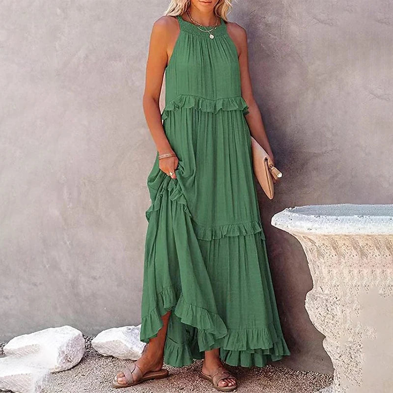 Solid Ruffled Sleeveless Maxi Sundress for Women