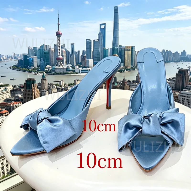 Blue Silk Bow Leather Knotted Open Toe Sandals for Women