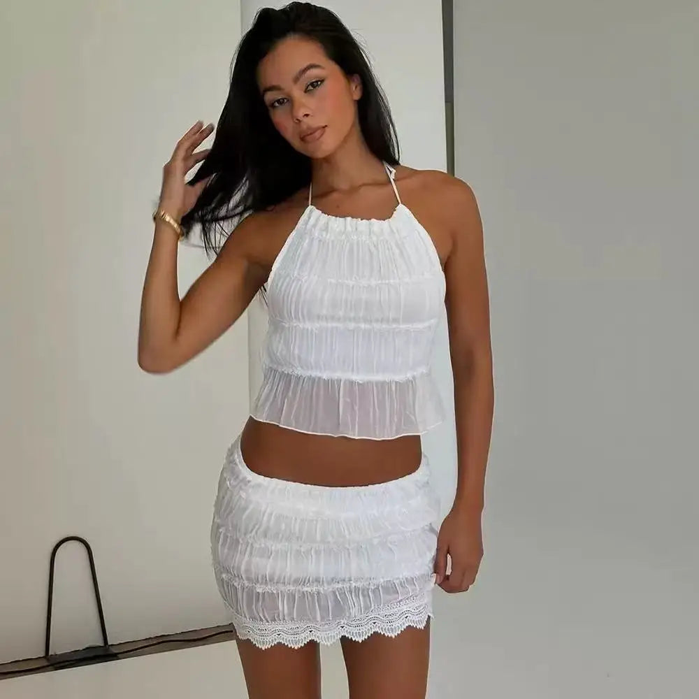 Pleated Halter Backless Two Piece Skirt Set for Women