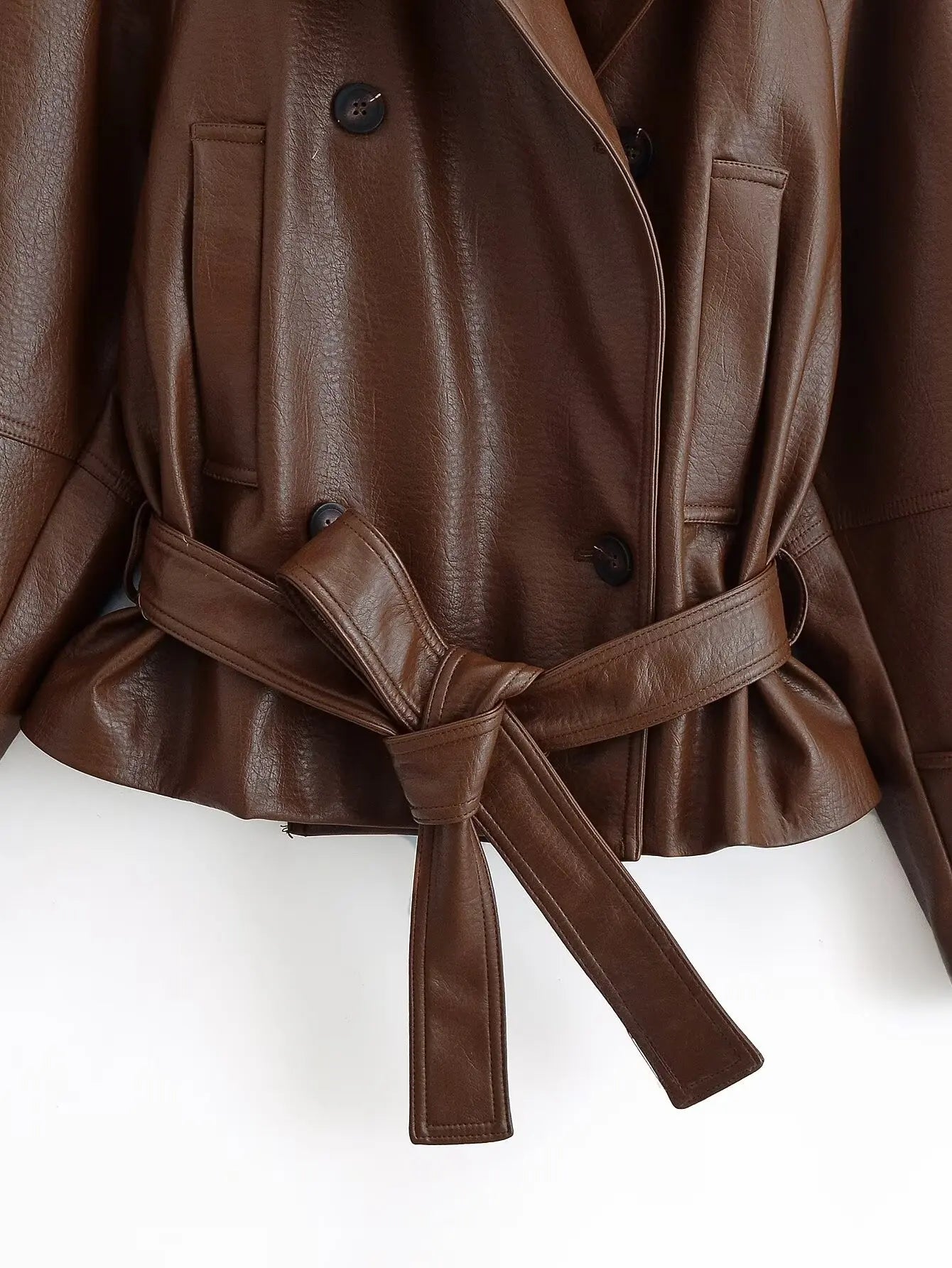 Oversized Double Breasted Faux Leather Lace Up Jacket for Women
