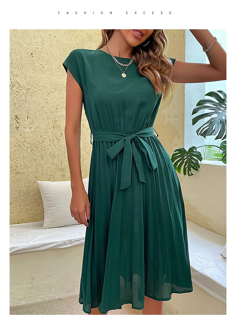 Chic Casual Pleated Short Sleeve Midi Dress for Women