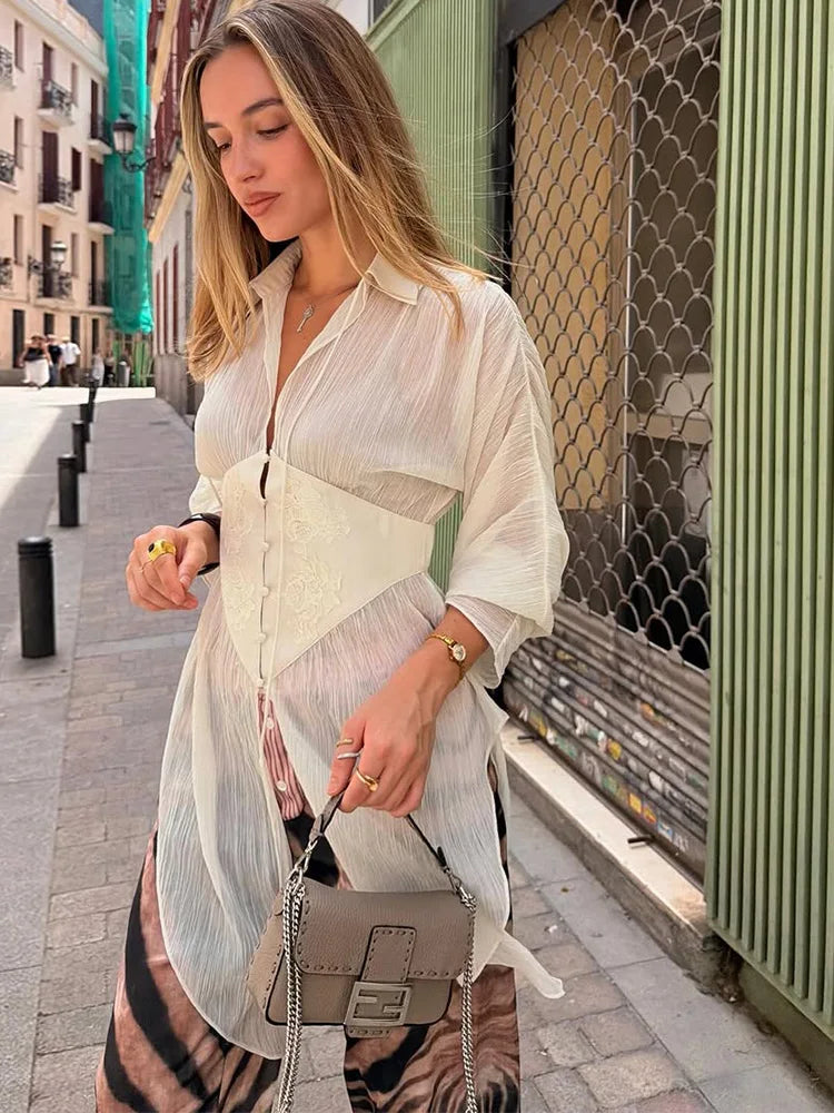 Elegant See-Through Patchwork Long Sleeve Top for Women