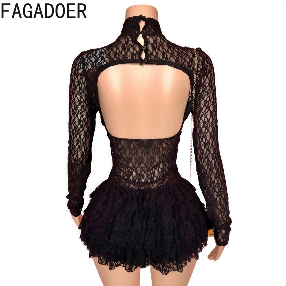 FAGADOER Sexy Lace Ruffle Patchwork Bodycon Romper Woman See Through Long Sleeves One Piece Jumpsuits Female Nightclub Overalls