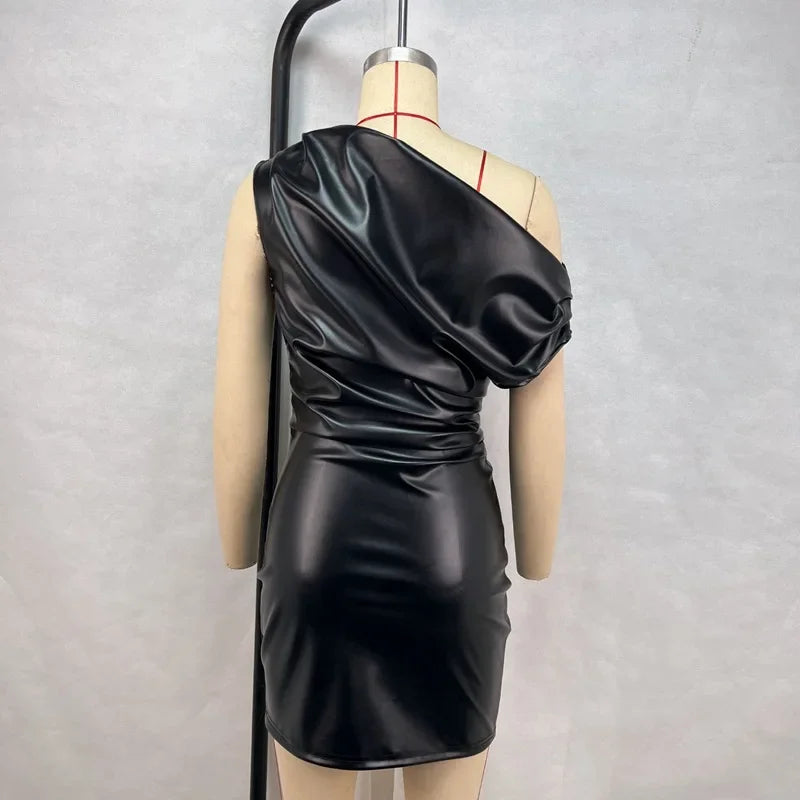 Elegant Inclined Shoulder Pu Leather Ruched Bodycon Mini Dress for Women