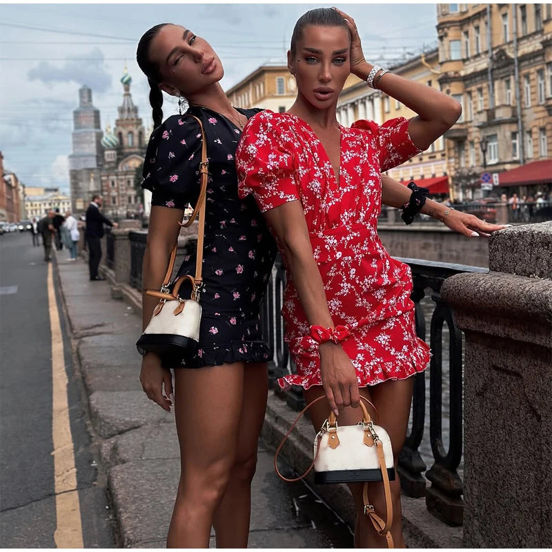 Floral Printed Lace Up Puff Sleeve Mini Dress for Women