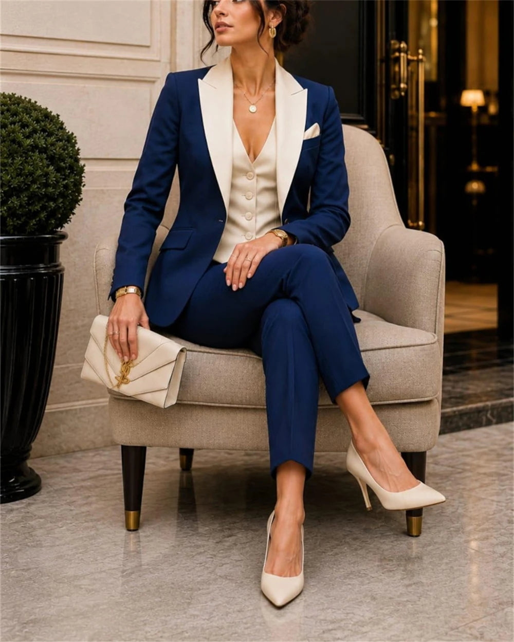 Luxury Navy Blue Women’s 3 Pcs Suit Set Elegant Blazer Vest & Pants Outfit for Women Formal Office Wear Wedding Guest Pantsuit