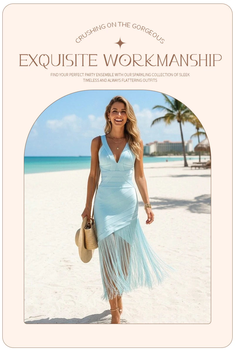 Light Blue Halter Neck Sleeveless Fringe Bandage Maxi Dress for Women