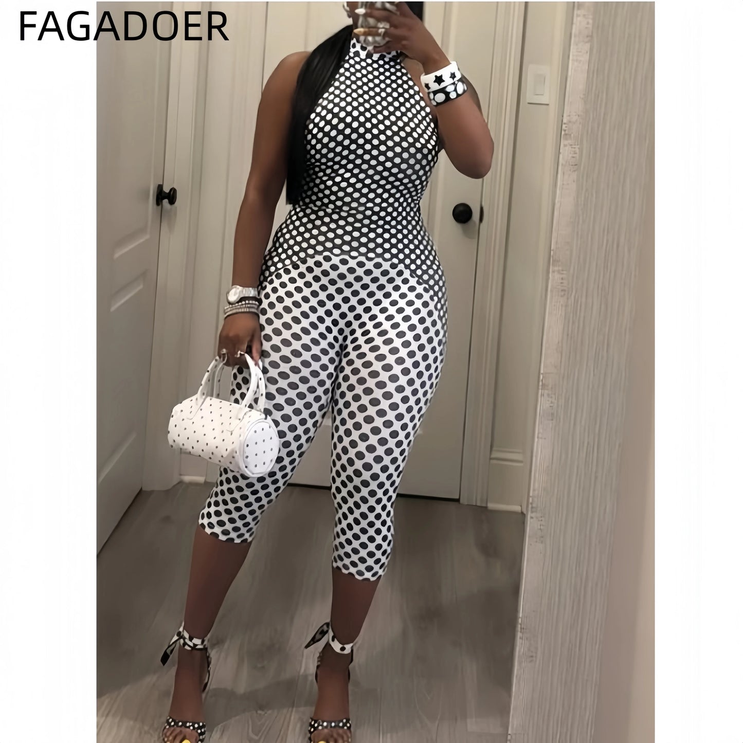 Patchwork Polka Dot Halter Bodycon Romper for Women