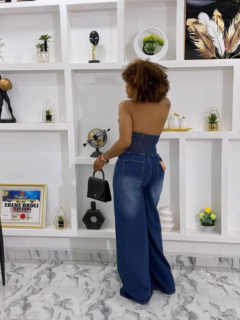 Washed Denim Halter Neck Backless Jumpsuit for Women