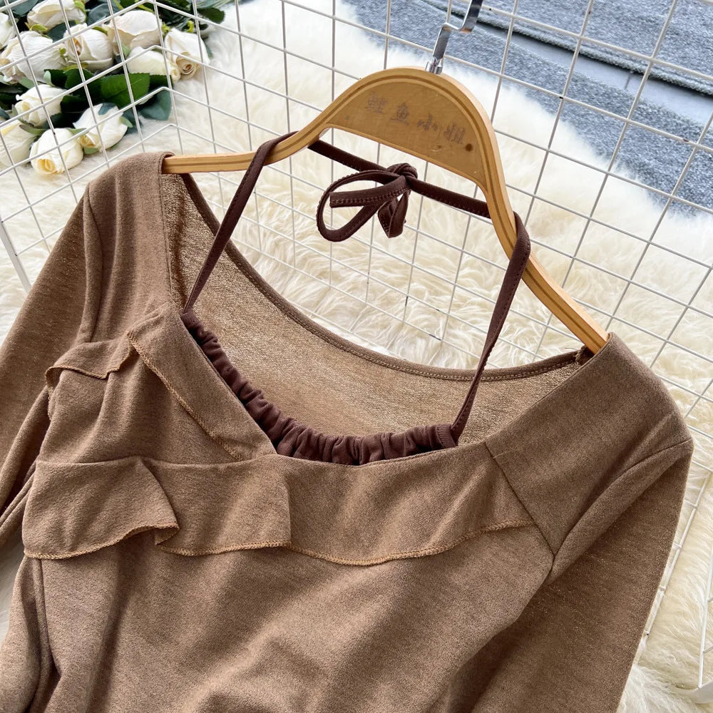 Elegant Mesh Ruffle Hem Halter Neck Dress Set for Women