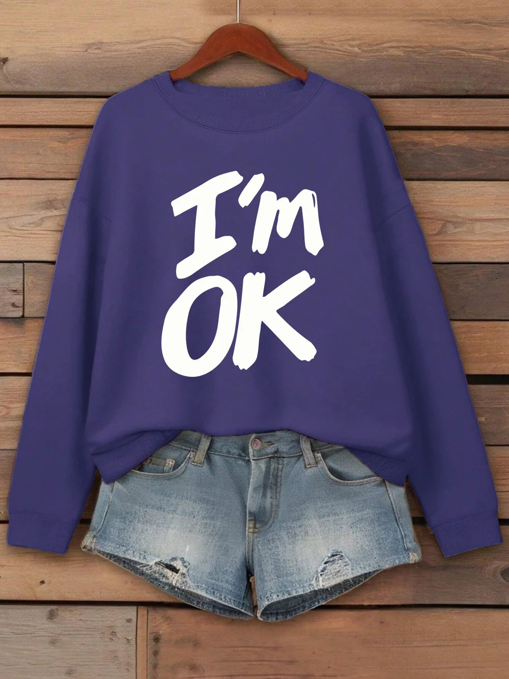 I'M Okay Letter Printed Sweatshirts Womens Autumn Winter Casual Hoodie Fleece Warm Crewneck Pullovers Street Loose Woman Clothes