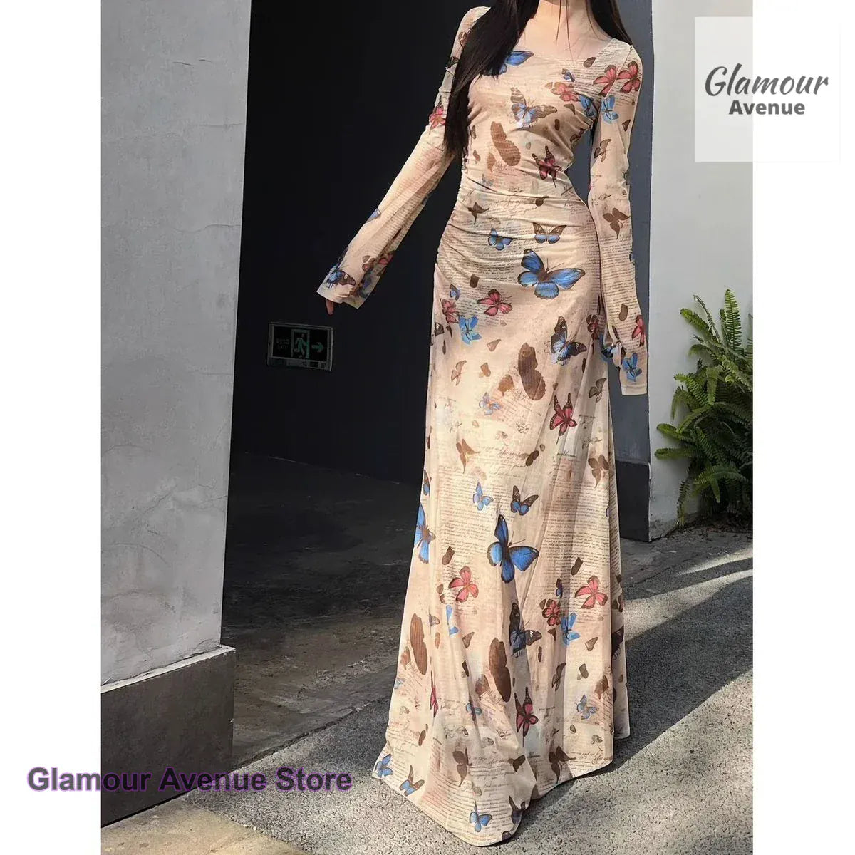 Korean retro spice wind butterfly print long-sleeved dress female summer new fashion sexy slim fold waist pocket hip dress