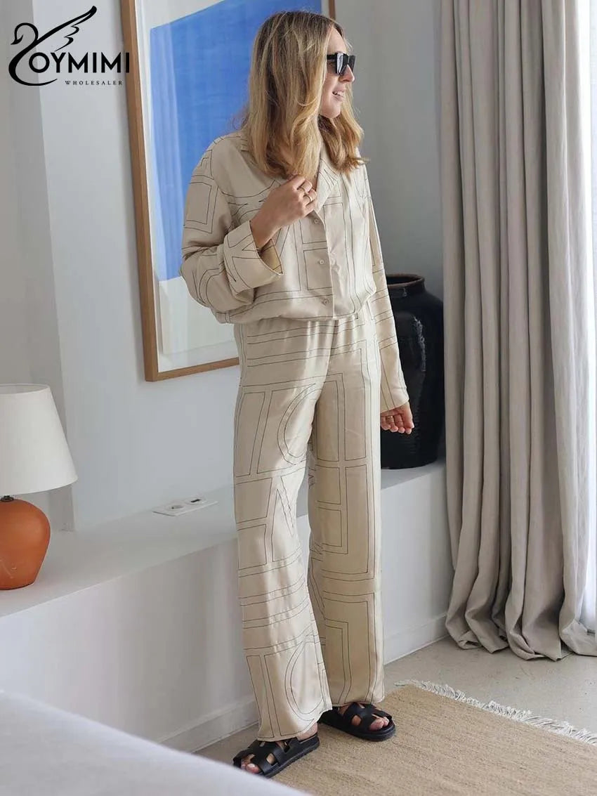 Oymimi Elegant Beige Print Two Piece Set For Women Fashion Long Sleeve Single Breasted Shirts And High Waisred Trousers Sets