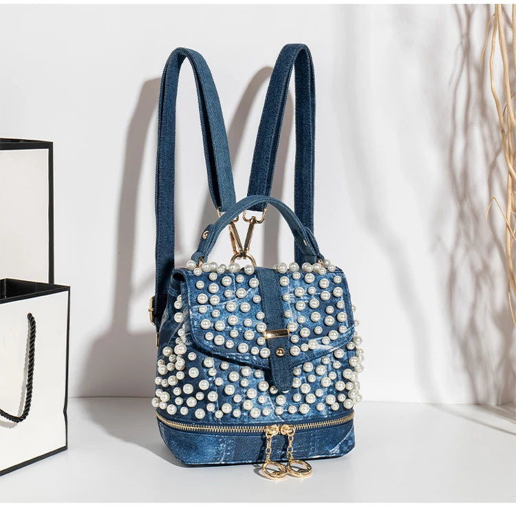 Diamond Embellished Denim Multiway Backpack for Women