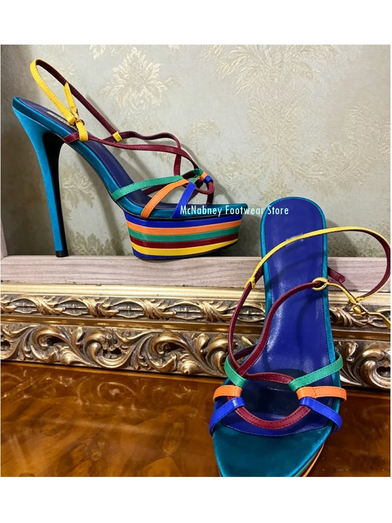 Rainbow Colored Pointed Toe Platform Stiletto Sandals for Women