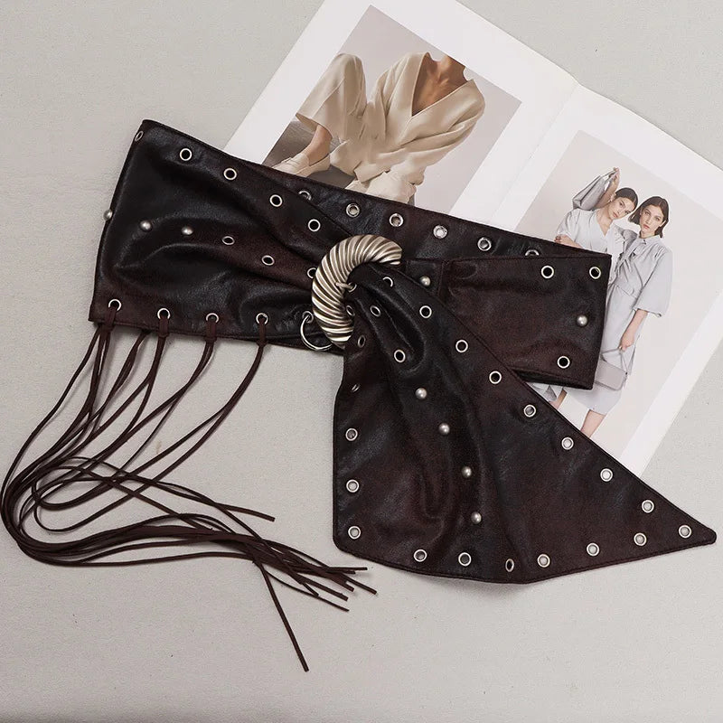 [EAM] Pu Leather Coffee Tassels Irregular Long Wide Belt Personality Women New Fashion Tide All-match Spring Autumn 2025 1DH8694