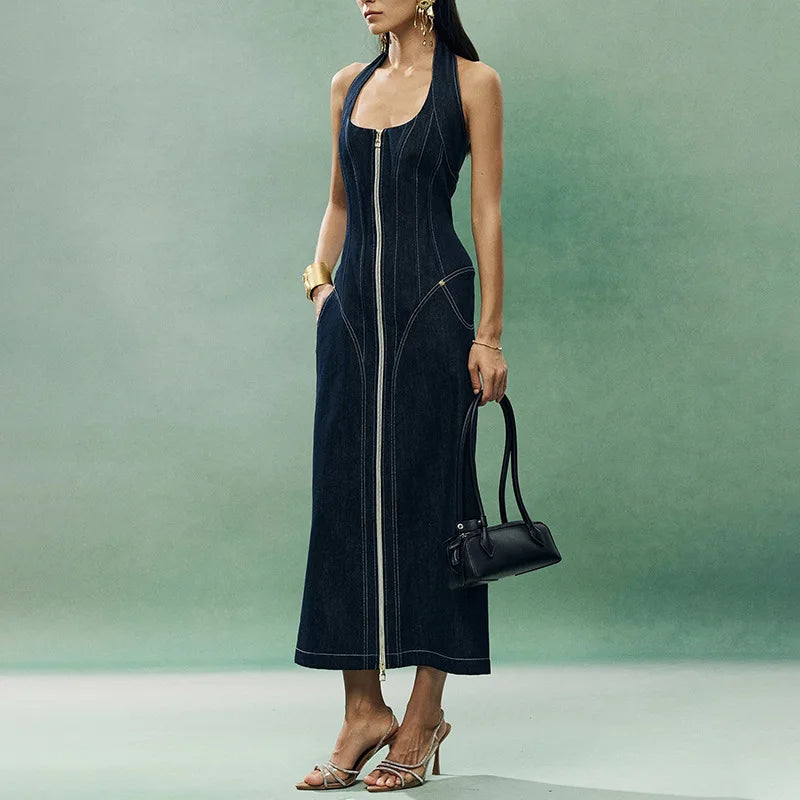 ANJY Summer New Women's Tide High Street Y2K Chic Trendy Sleeveless Halter Neck Backless Waist Cinching Zipper Denim Dress A8053