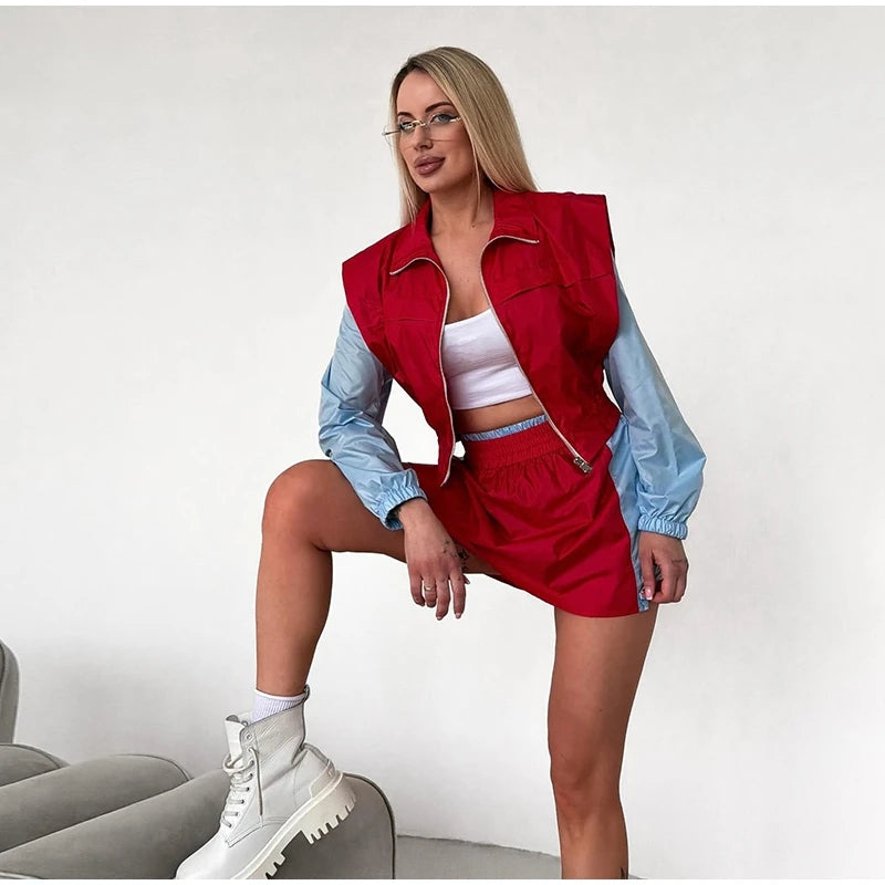 Casual Color Block Long Sleeve Jacket And Mini Skirt Set For Women
