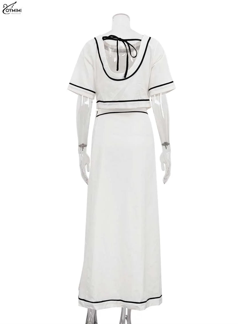 Oymimi Fashion White Cotton Two Piece Outfits Woman Elegant O-Neck Patchwork Short Sleeve Open Back Tops And Straight Skirts Set