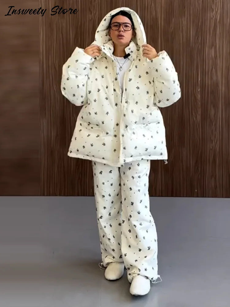 Striped Hooded Puffer Jacket and Wide Leg Pants Set for Women
