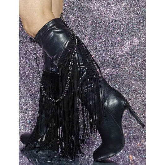 Black Tassel Metal Chain Boots Patchwork Round Toe Shoes for Women Knee High Thin High Heels Sexy Shoes 2025 Zapatos Para Mujere
