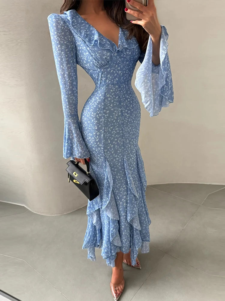 Printed V Neck Ruffle Sleeve Mid Calf Dress for Women
