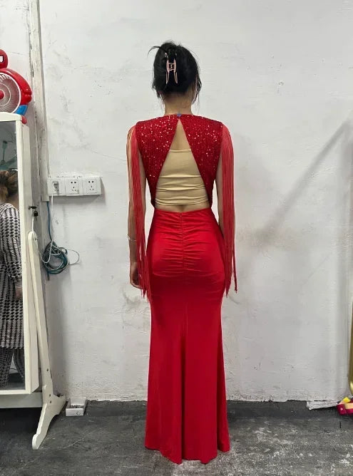 Evening Dresses Women Clothes Fashion Rhinestone Cold Shoulder Slit Ruched Party Elegant Long Bodycon Dress Summer 2024 New