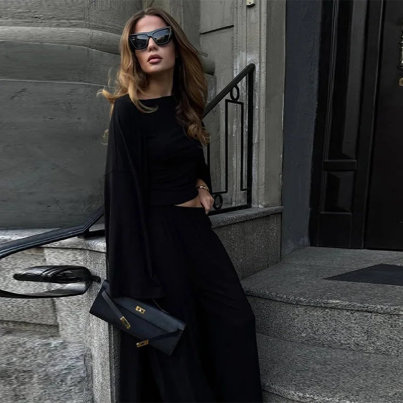 Casual Three Piece Shirt, Coat And Wide Leg Pants Set for Women