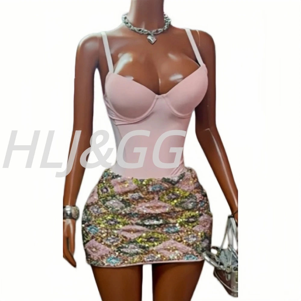 Glam Sequin Mini Skirt Set With Spaghetti Strap V Neck Bodysuit for Women