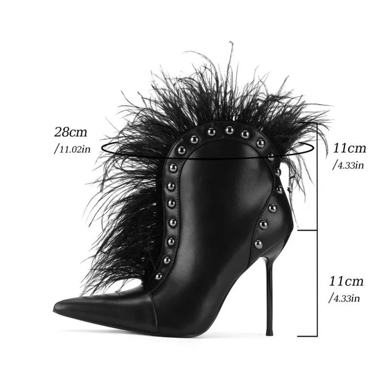 Feather Rivet Embellished Pointed Toe Ankle Boots for Women