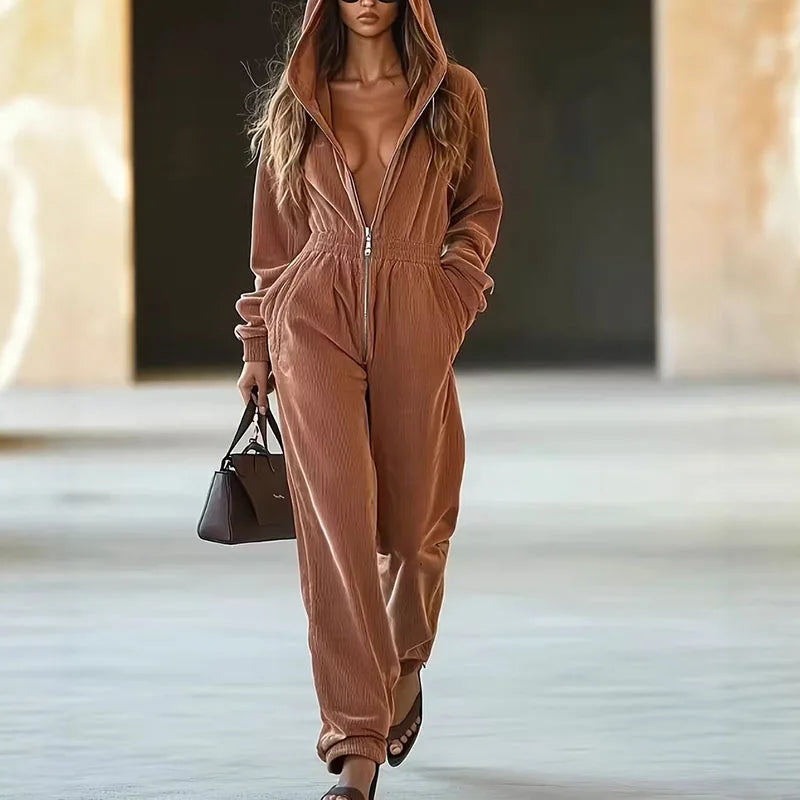 2026 Spring New Wide Leg Pants Jumpsuits Woman Casual Zipper Hooded Sweatshirt Overalls Autumn Solid Slim Pocket Straight Romper