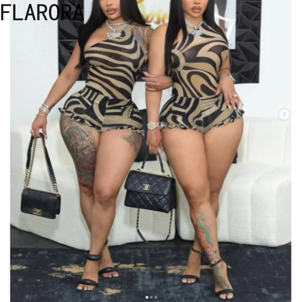 Zebra Print Mesh Two Piece Party Outfit Set for Women