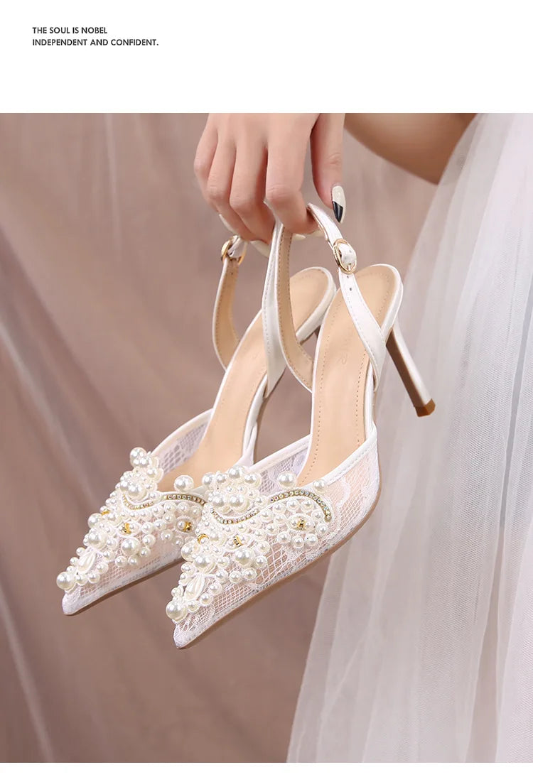 Lace Pearl Beaded Pointed Toe Stiletto Heels for Women