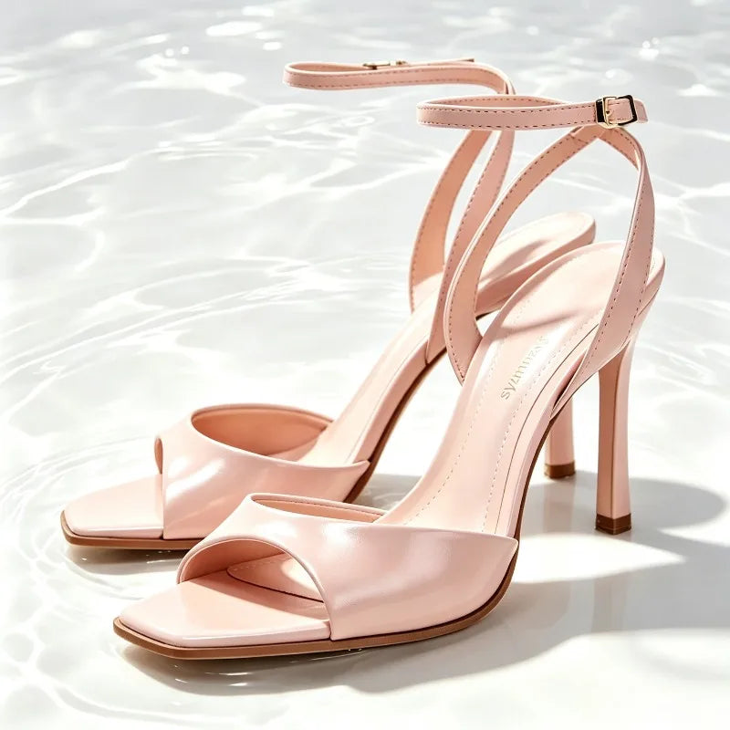 Pink Square Toe Ankle Strap Heeled Sandals for Women