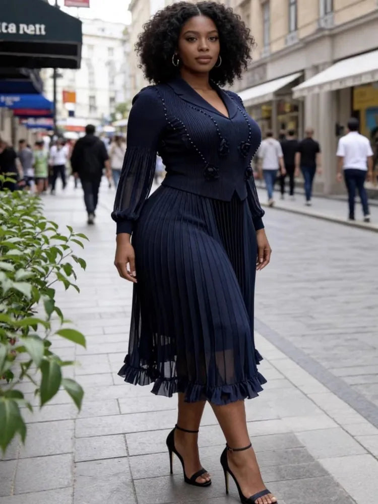 Elegant Long Sleeve Dashiki Pleated Maxi Dress for Women