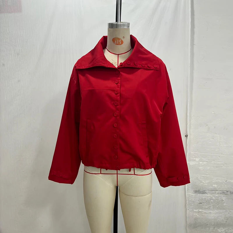 Casual Red Jacket With Turn-Down Collar and Long Sleeves for Women