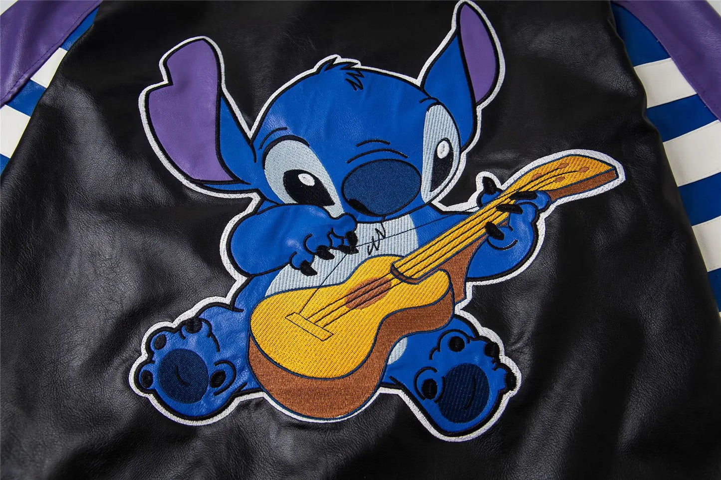 Trendy Cartoon Embroidery Color-Block Stand Collar Jacket Coat for Men and Women Autumn Winter Loose Casual Leather Jacket Coat