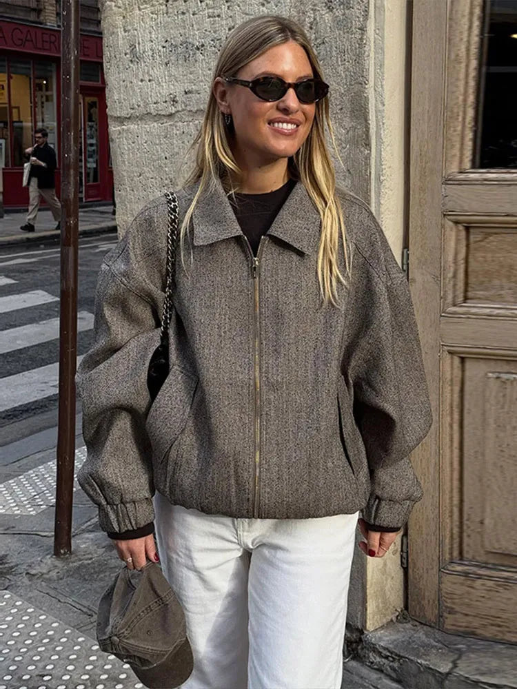 Zipper Front Lapel Jacket And Shorts Set + For Women