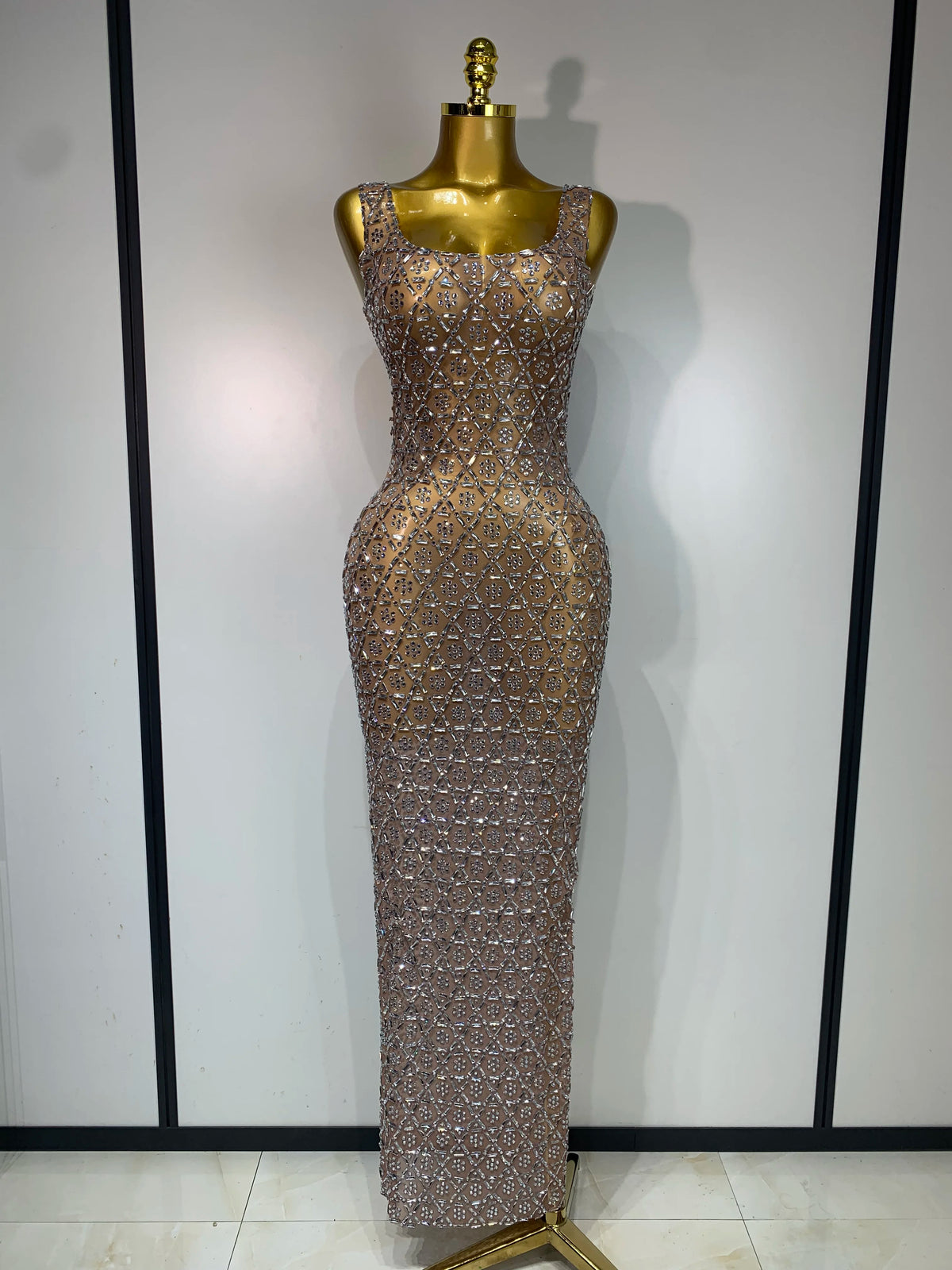 Rhinestone Mesh Evening Gown