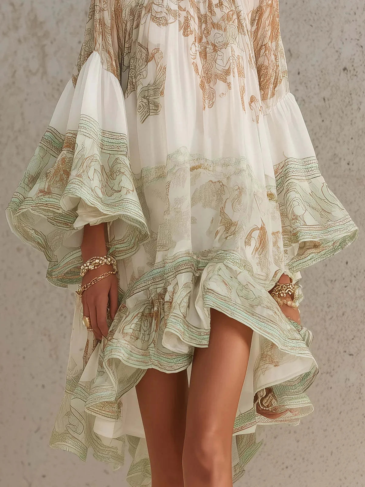 Vintage Boho Floral Print Ruffle Hem Mini Dress for Women