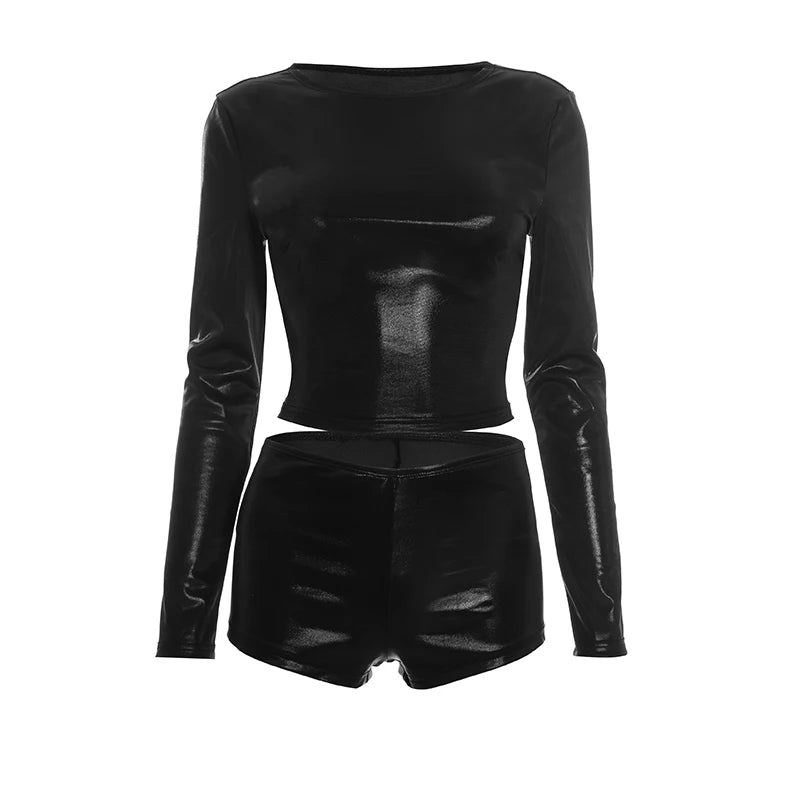 Silk Long Sleeve Two Piece Set Crop Top and Shorts for Women