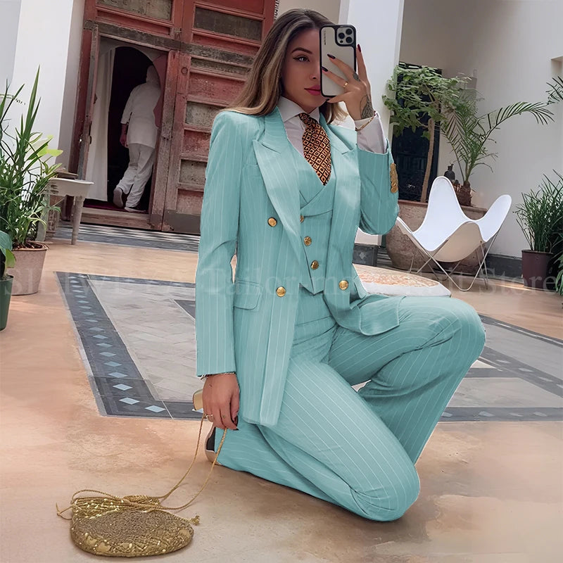Slim Fit Double Breasted Green Striped Suit Set For Women