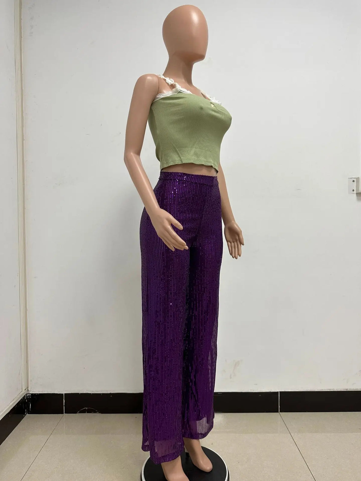High Waist Sparkle Sequin Wide Leg Pants for Women