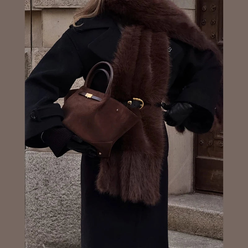 Long Thick Plush Faux Fur Scarf With Fringe for Women